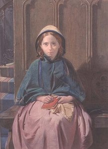 Retrato de una niña leyendo en un banco de iglesia de David Roberts