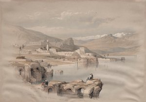 Tiberíades, desde las murallas, Safet en la distancia, 1839 de David Roberts