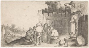 Cinco granjeros alrededor de una tonelada Escenas de género al aire libre (título de serie) de David Teniers (II) (attributed to workshop of)