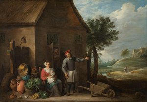 Marinero a la puerta de una casa de campo con una mujer sentada y un niño de David Teniers (II)