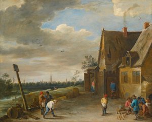Juego de los nueve bolos con vista de Amberes de David Teniers the Younger