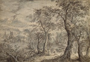 Paisaje boscoso con la tentación de Cristo