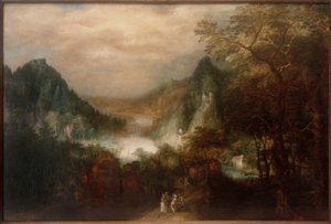 Paisaje fluvial de montaña con figuras elegantes de David Vinckeboons