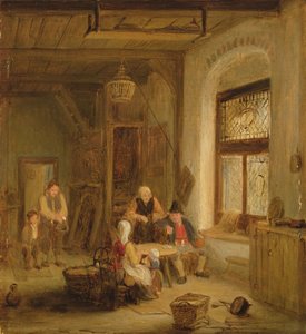 Interior con figuras junto a una ventana