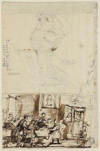 Personas en una mesa (recto), y Estudio para el aseo de la cabaña (verso)