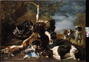 Un spaniel, un águila, una liebre y una cesta de mimbre con un arrendajo, pinzones y otros pájaros observados por dos sabuesos, un paisaje montañoso al fondo