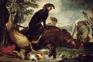 Perros con jabalí y ciervo muertos