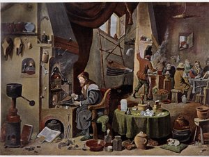 Laboratorio de un alquimista en el siglo XVII - según la pintura de David Téniers el Joven de David the Younger (after) Teniers