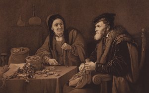 Los avaros, del cuadro de la National Gallery de Londres (litografía) de David the Younger (after) Teniers