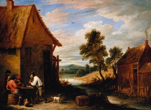 Un paisaje fluvial con campesinos fuera de una taberna de David Teniers the Younger