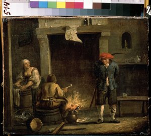 Frente al hogar (En el horno). Pintura de David Teniers el joven (1610-1690). Óleo sobre tabla, 32 x 53 cm