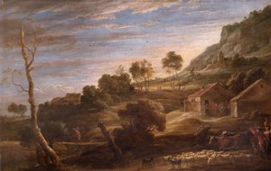 Paisaje con campesinos conduciendo ganado, c.1670-90 (óleo sobre lienzo) de David Teniers the Younger