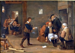 Hombres calentándose frente a la chimenea en un bistró de David Teniers the Younger