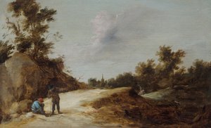 Campesinos descansando en un sendero en un paisaje rocoso y boscoso de David Teniers the Younger
