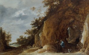 Campesinos descansando en un sendero en un paisaje boscoso rocoso de David Teniers the Younger