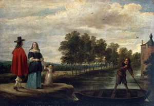 El artista, su mujer y su hijo junto al foso de su mansión, Perck (óleo sobre lienzo) de David Teniers the Younger