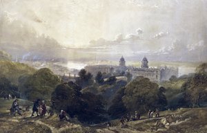 Vista de Greenwich (Inglaterra), una tarde de verano, desde las alturas del parque, al fondo, el perfil de Londres