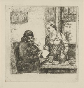 Interior con hombre y mujer. de David van der Kellen