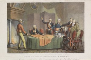 Aceptación del Alto Reinado por el Triunvirato en nombre del Príncipe de Orange, 21 de noviembre de 1813 Restaurar un gobierno holandés en los Países Bajos. (20 de noviembre de 1813) (título sobre objeto) de David van der Kellen