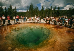 Visitantes del parque se reúnen en torno a una piscina termal verde azulada con forma de flor. Yellowstone Nati...