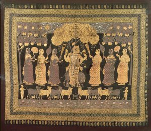 Krishna y sus Gopis (acuarela opaca, oro y plata sobre algodón teñido) de Deccani School