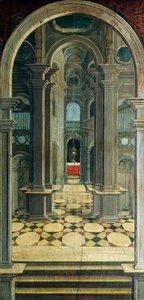 Perspectiva en la sección trasera del coro del siglo XVI, Iglesia de San Jerónimo, Biella, Italia de Defendente Ferrari