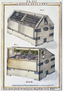Cajas de madera para transportar plantas raras en barcos, de Florindie ou Historie physico-economique des Vegetaux de la Torride de Delahaye Delahaye
