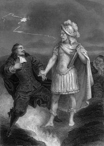 Obra Don Juan de Moliere: Don Juan con la estatua del Comendador, grabado de Delannoy a partir de un dibujo de G. Staal (1870)