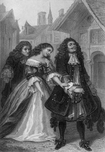 Obra Monsieur de Pourceaugnac de Moliere: Monsieur de Pourceaugnac, Julie et Oronte, grabado de Delannoy sobre un dibujo de G. Staal (1870)