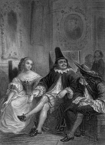 Obra El médico a pesar suyo de Moliere: Lucinde, Sganarelle y Geronte, grabado de Delannoy sobre un dibujo de G. Staal (1870)