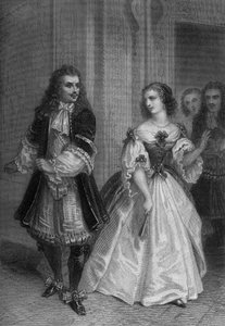 Obra El Misántropo de Moliere: Alceste, Celimene, Eliante, Philinte grabado por Delannoy sobre un dibujo de G. Staal (1870)