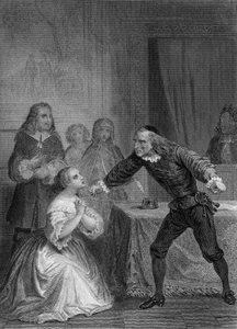 Obra El Avaro de Moliere: Elise y Harpagon, grabado de Delannoy a partir de un dibujo de G. Staal (1870)