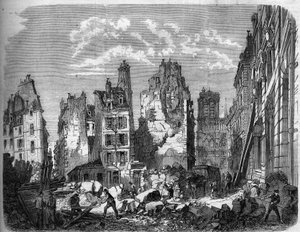 Transformaciones de París bajo el Segundo Imperio, Haussmann París. Destrucción de parte de la Île de la Cité para la expansión del Hôtel-Dieu, grabado según un