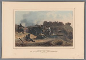 Gestchut en acción, 1832 Pieza en batería, asentada sobre la Patio que une el Baluarte de Toledo con el Baluarte de Fernando (título sobre objeto) Dibujos hechos de la naturaleza en el asedio de la Ciudadela de Amberes por Raffet (título de la serie sobre  de Denis Auguste Marie Raffet