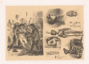 Grupo de hombres, al lado una composición que incluye un soldado
Croquis; Scènes de la Révolution de Denis Auguste Marie Raffet