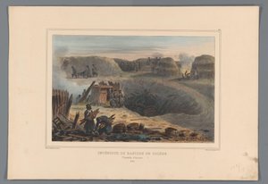 Militairten binnen een bastión, 1832 Interior del Baluarte de Toledo (título sobre objeto) Dibujos hechos de la naturaleza en el asedio de la Ciudadela de Amberes por Raffet (título de la serie sobre el objeto) de Denis Auguste Marie Raffet