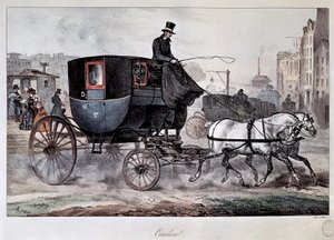 Transporte público en el siglo XIX: un coche en las calles de París (grabado en color) de Denis Auguste Marie Raffet