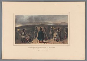 Schutters comprando borstwering, 1832 Vivienda de los tiradores de la luz 19 (título sobre objeto) Dibujos realizados del natural en la sede de la Ciudadela de Amberes por Raffet (título sobre objeto) de Denis Auguste Marie Raffet