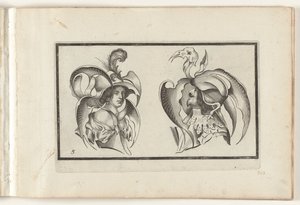 La cabeza de un hombre y una mujer con sombreros y collares grotescos Diseños de sombreros (título de la serie) Ouvrage rare et nouveau, contenido plusieurs desseins de merveilleuse recreación sous diversitys capprices et gentillesses representees en l