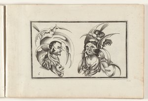Cabezas masculinas y femeninas con sombreros y collares grotescos Diseños de sombreros (título de la serie) Ouvrage rare et nouveau, contenido plusieurs desseins de merveilleuse Recreation sous diversitys caprices et gentillesses representees en l