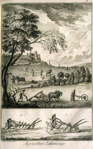 Trabajo de campo - Agricultura, siembra, arado. Varios modelos de rodillos y arados: Placa de un volumen de ilustraciones de la Enciclopedia de Diderot, edición original 1762 de Denis Diderot