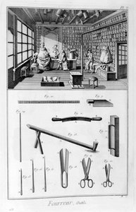 Tienda de peleteros con paredes forradas de muffs y pieles colgadas de las vigas, 1751-1777 de Denis Diderot