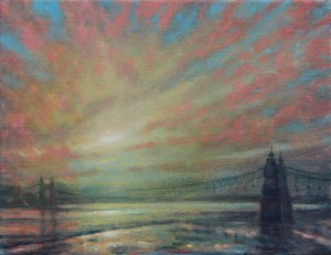 Atardecer en el puente de Hammersmith, 2022 (Óleo sobre lienzo) de Derek Hare