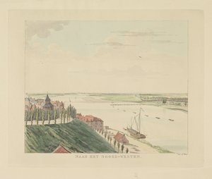 Vista del Valkhof y el Waal al noroeste de Nijmegen Al noroeste (título sobre el objeto) Lugares de interés alrededor de la ciudad de Nijmegen (título de la serie) Panorama de Geldersch o vista redonda de la vida dibujada en belvedere en Nymegen (título de