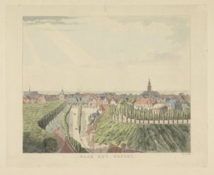 Nijmegen, vista desde el Belvédère hacia el oeste Hacia el Oeste (título sobre el objeto) Lugares de interés alrededor de la ciudad de Nijmegen (título de la serie) Panorama de Geldersch o vista redonda de la vida dibujada en belvedere en Nymegen (título d de Derk Anthony van de Wart