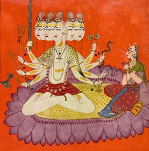 Sadashiva adorado por Parvati, c.1690 (acuarela opaca, oro y ala de escarabajo aplicada sobre papel, ) de Devidasa (attr.to)