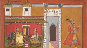 Una Cortesana y su Amante Separados por una Disputa: Página de una serie de Rasamanjari, 1694-95