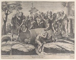 Marcus Atilius Regulus en un barril mientras dos hombres clavan los clavos, varias figuras, 1555-77