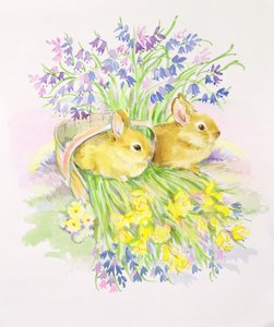 Conejos en una canasta con narcisos y campanillas de Diane Matthes