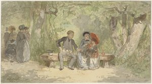 Hombre, mujer y niño en un banco del parque
